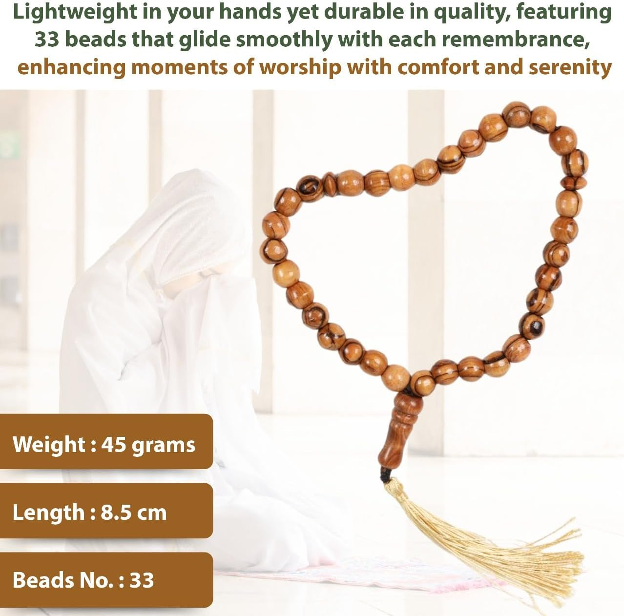 Masbaha 33 Beads Olive Wood from Jerusalem Islamic Prayer Beads Tasbeeh Muslim Rosary Quran Misbaha Tespih Dhikr Beads Sibha Tasbih Beads Muslim Worry Beads Islamic Beads Islamic Gifts