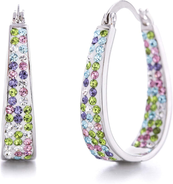 Oval inside outside Hoop Earrings for Women Faceted Sparkle Crystals
