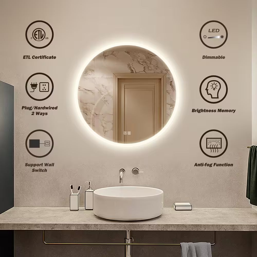 32 In. W X 32 In. H round Frameless LED Light with 3-Color and Anti-Fog Wall Mounted Bathroom Vanity Mirror