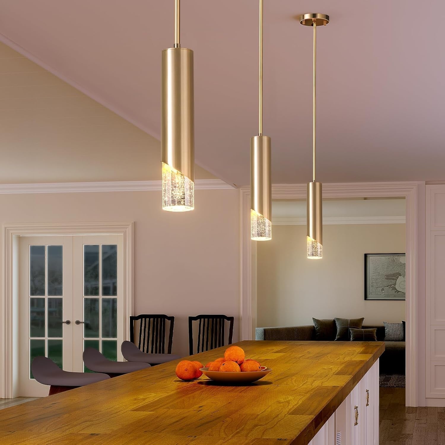 Gold Crystal Pendant Lights, Modern Crystal Pendant Lighting for Kitchen Island Dimmable Hanging Ceiling Light Fixture with Adjustable Height for Dining Room, Bedroom (Gold, 1-Pack)