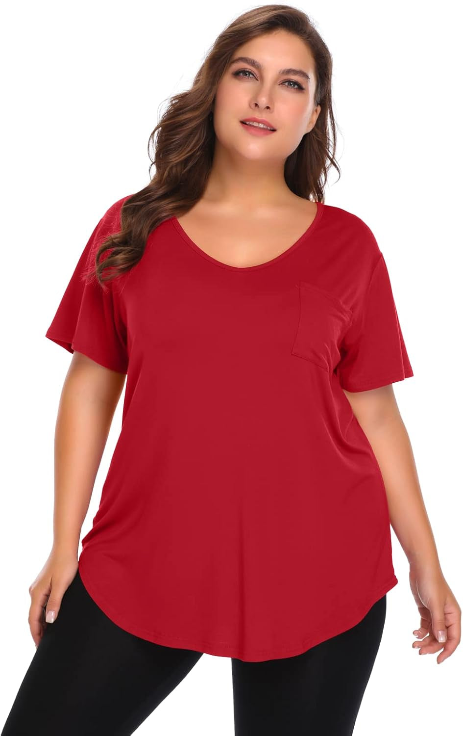 Women plus Size V-Neck Tunic Tops Loose T Shirt with Pocket