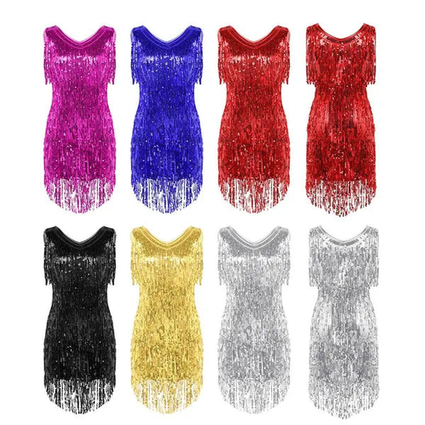 Womens V Neck Sleeveless Sparkling Sequin Tassels Ballroom Samba Tango Latin Dance Dress Stage Performance Costumes