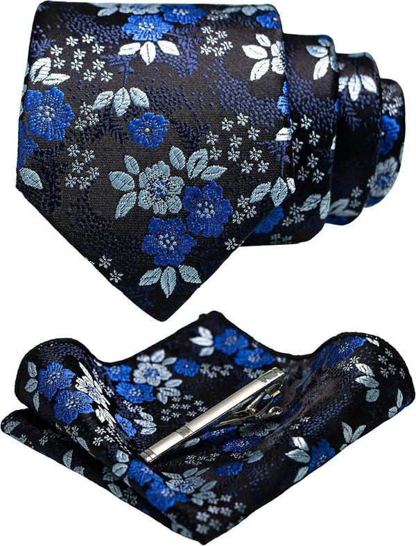 Floral Necktie and Pocket Square Tie Clip Sets for Men