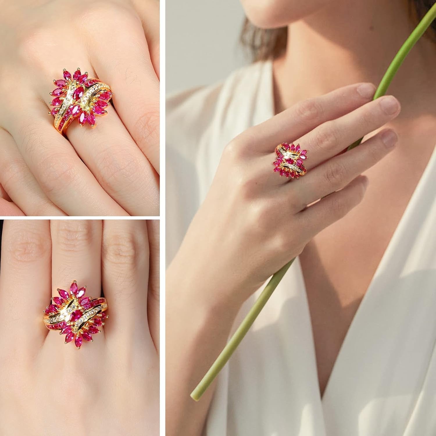 Statement Flower Ring, 14K Gold Plated, Size 6 to 10, Pink, Yellow, Green Leaf Stones, Opal, Sapphire, Ruby, Emerald, Sterling Silver, Cocktail, Engagement, Promise, Party Ring for Women