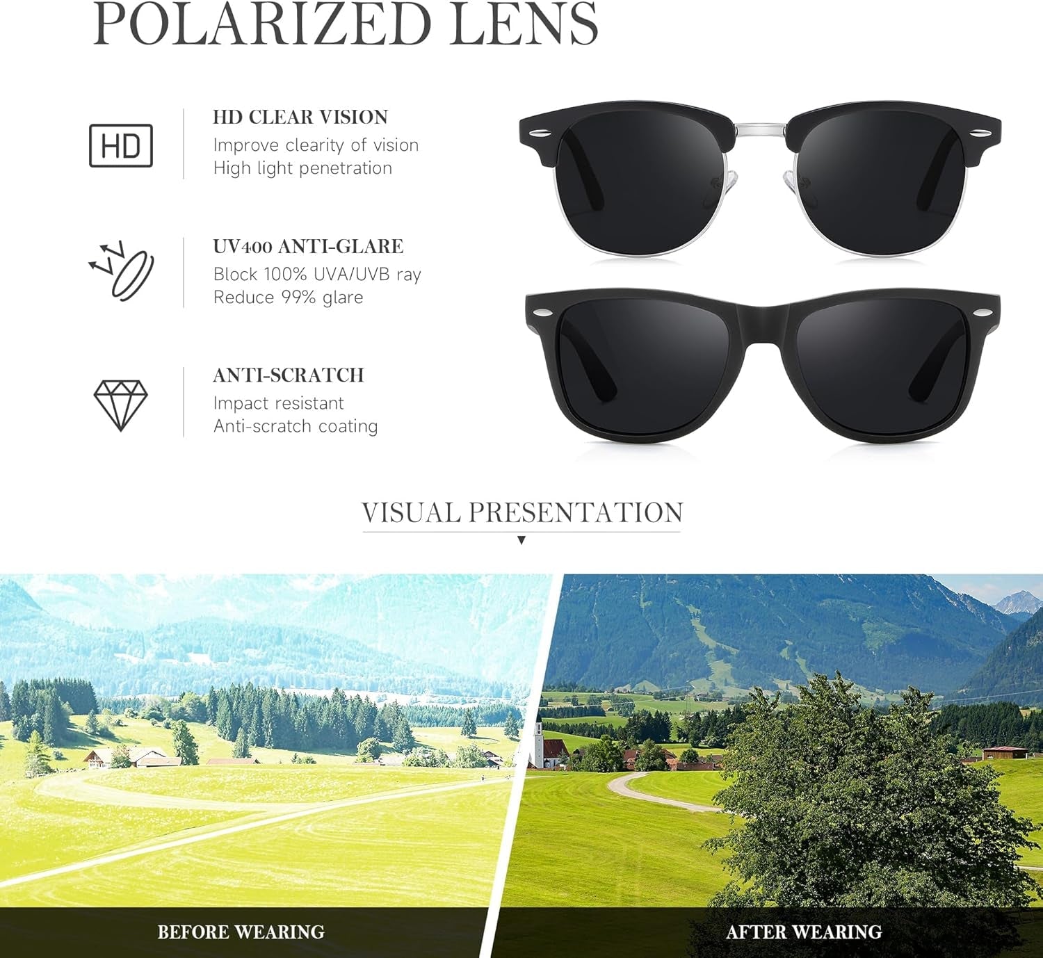 Sunglasses Men and Womens, Polarized Sunglasses for Men with UV Blocking Semi-Rimless Frame for Driving & Hiking