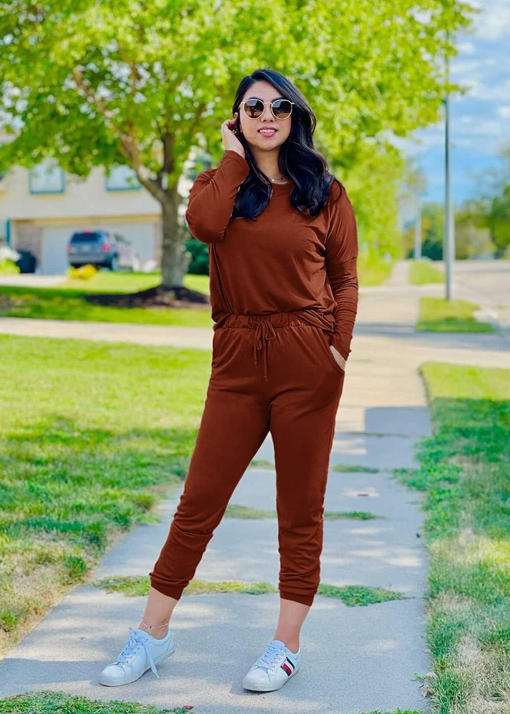 Women'S Fall 2 Piece Lounge Outfit Long Sleeve Crewneck Pullover Tops High Waisted Pants Set Tracksuit