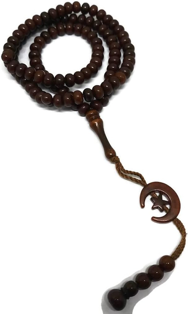 Islam Prayer Tasbih 99 Beads AMN-303 Muslim 8 Mm. Rosary Bead Moon Star Decorated Tassels Haj Eid Ramadan Gift (Brown)