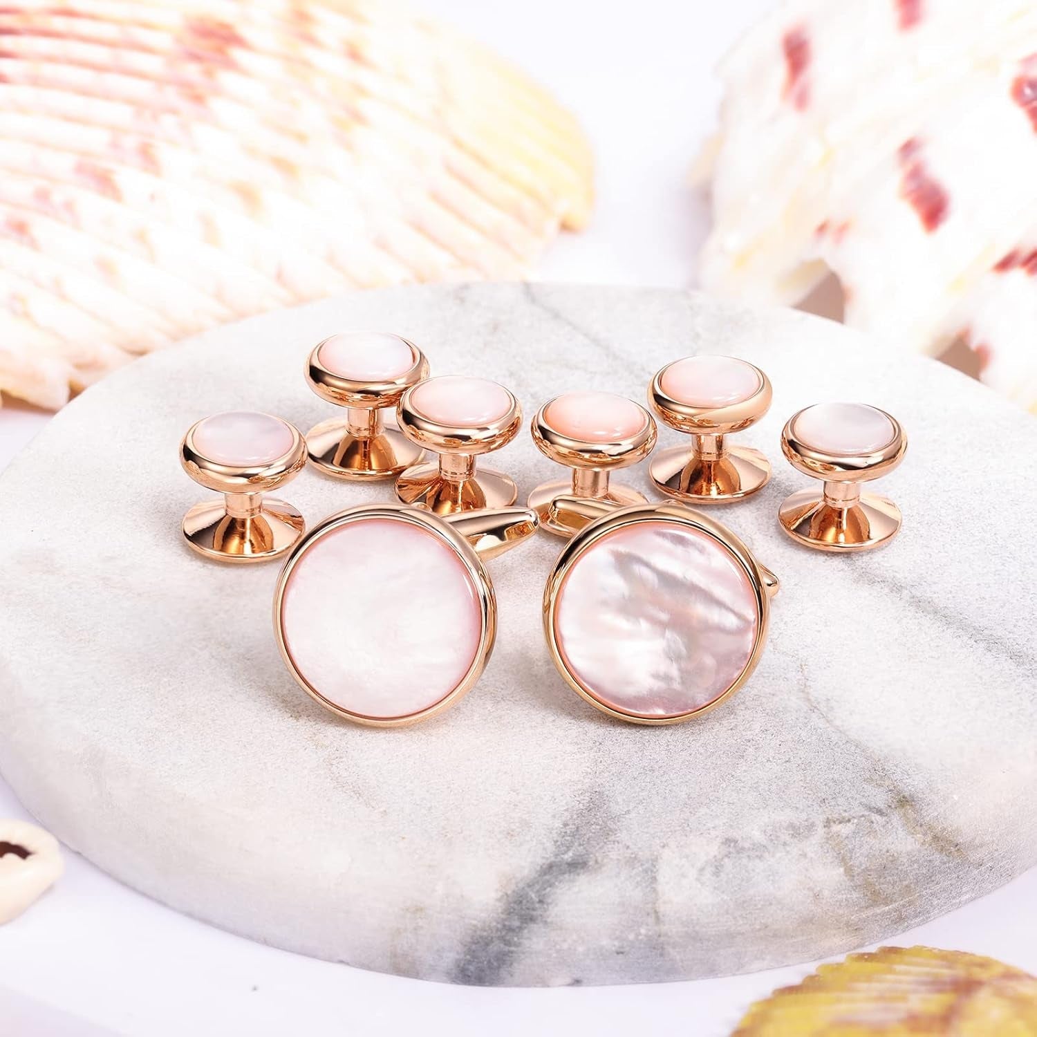 Cufflinks and Tuxedo Studs Set for Men with Gift Box, Rose Gold Tone Mother-Of-Pearl Cuff Links for French Cuff Shirt and Dress Shirt, Suitable for Wedding, Birthday, Party, Anniversary