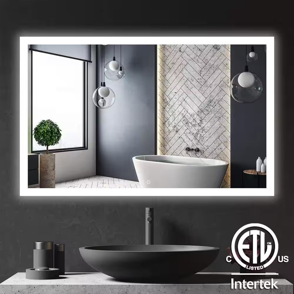 48 In. W X 30 In. H Large Rectangular Frameless LED Light with Anti-Fog Wall Mounted Bathroom Vanity Mirror
