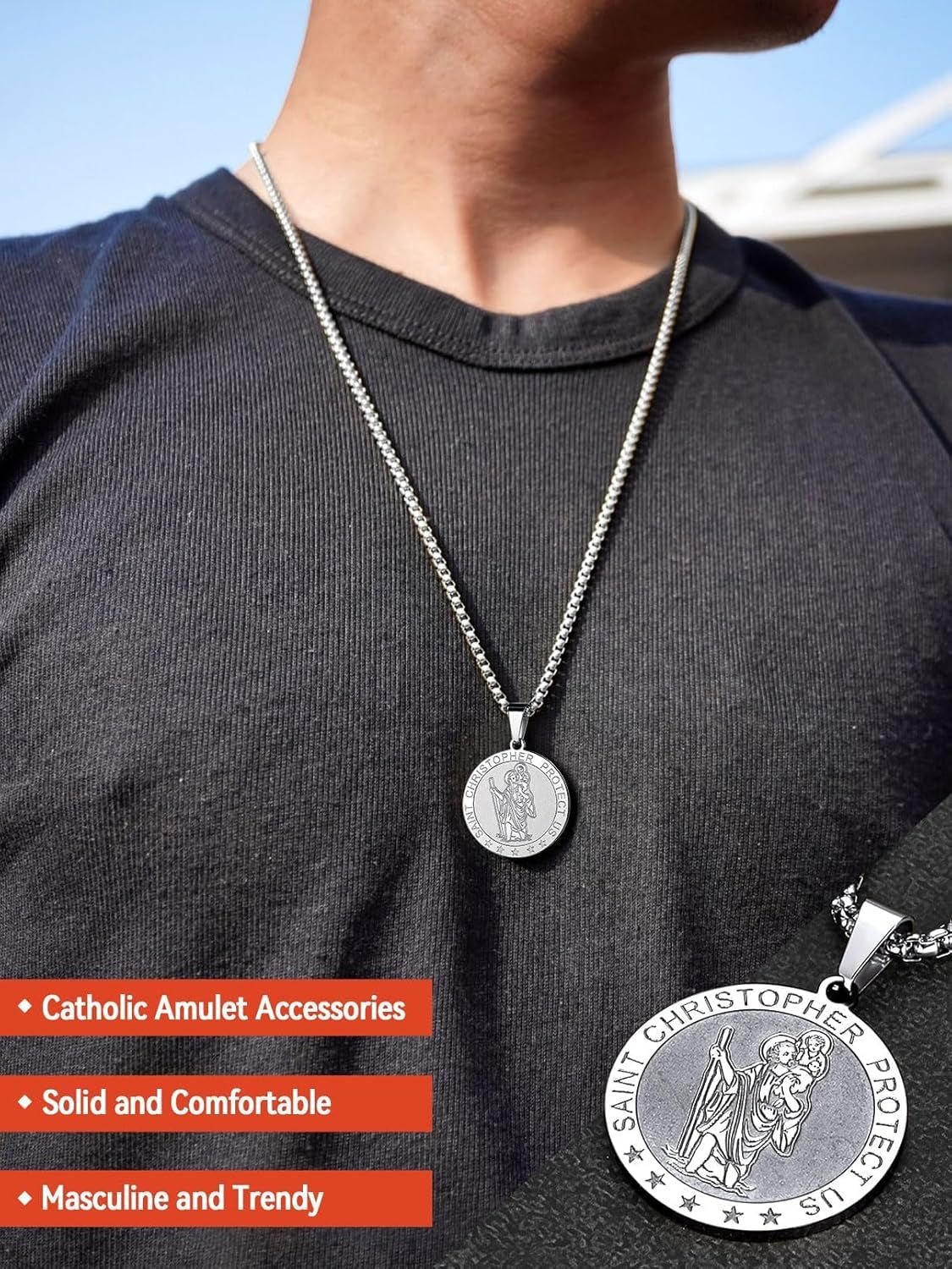 Saint Christopher Pendant Necklace for Men Women Stainless Steel Catholic Amulet Medal Jewelry Personalized Custom with Delicate Packaging