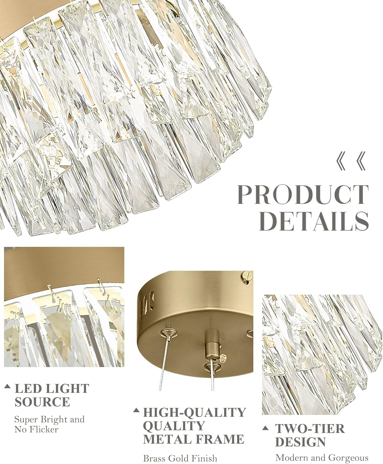 2-Tier Crystal Gold Chandelier, LED Modern Chandelier, 6000K Cool White Pendant Light for Bedroom Kitchen Dinning Room Entryway, CC5612-LED-BG