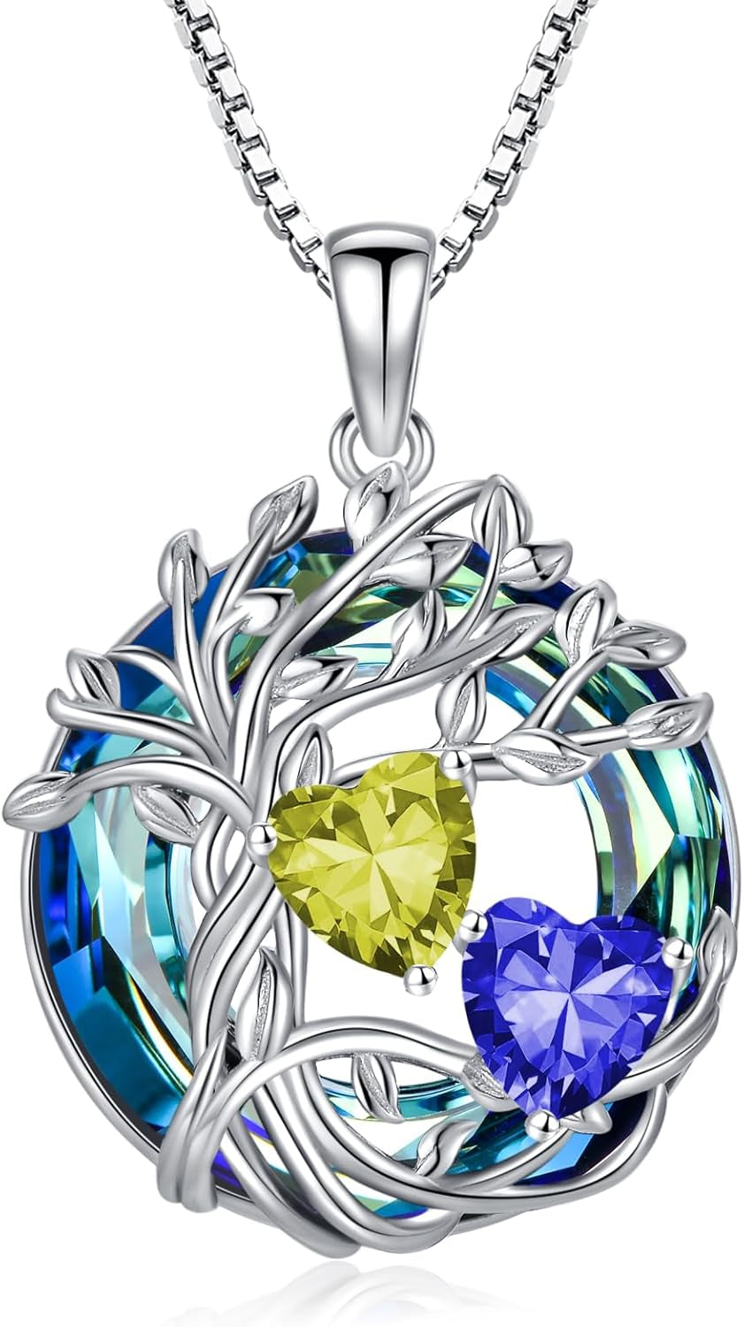 Mothers Day Gifts for Women 925 Sterling Silver Family Tree of Life Pendant Necklaces with 2 Heart Birthstone with Blue round Austrian Crystal Jewelry Birthday Anniversary Christmas Gifts for Her Wife Girlfriend Mom (18K Real White Gold Filled)