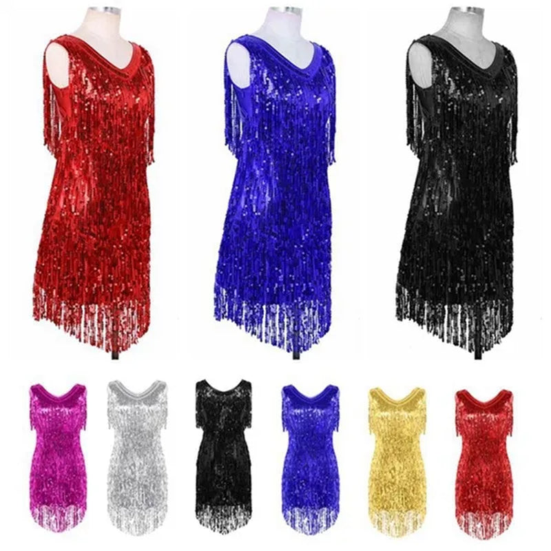 Women'S Gowns V Neck Sparkling Sequin Tassels Rhythm Ballroom Salsa Samba Rumba Tango Latin Dance Dress