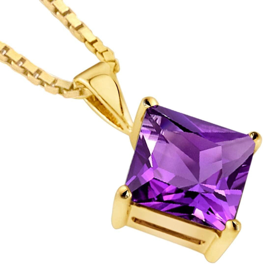 Solid 14K Yellow Amethyst Pendant for Women, 2 Carats Princess Cut 8Mm, Genuine Gemstone Solitaire, Real Amethyst Necklace, February Birthstone Necklace, for Jewelry Gift & Everyday Wear
