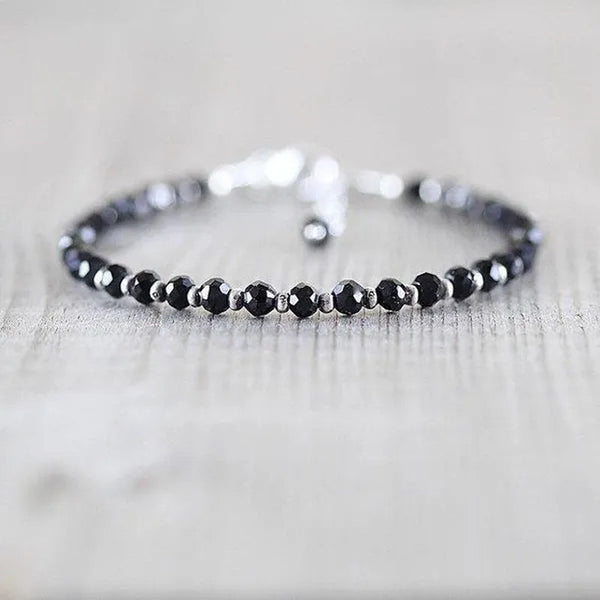 Black Spinel, Sterling & Karen Hill Tribe Silver Bracelet Boho Beaded Gemstone Bracelet Dainty Stacking Bracelet