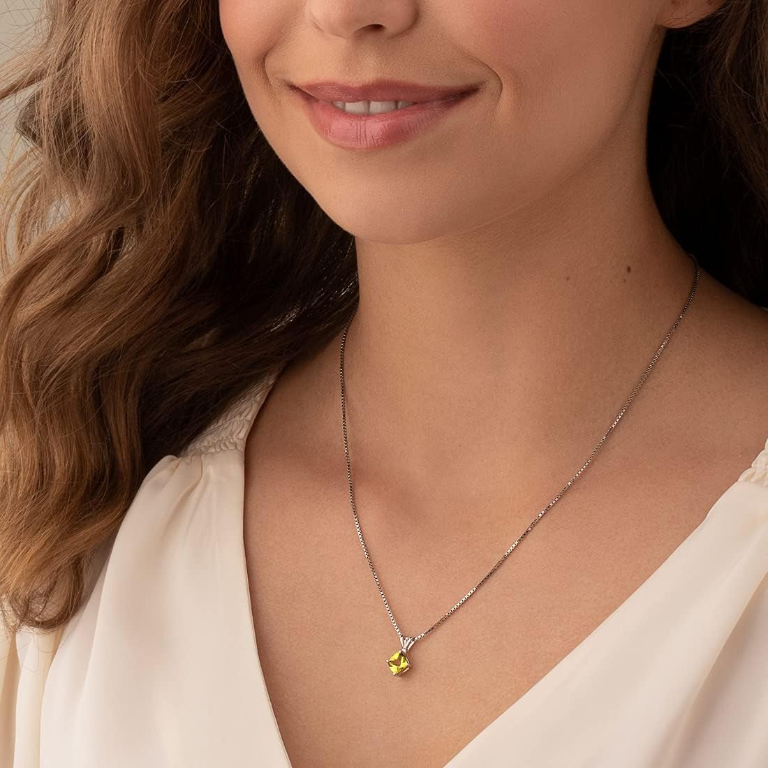 Solid 14K White Gold Peridot Pendant for Women, Genuine Gemstone Classic Solitaire, Cushion Cut, 6Mm, 1 Carat Total, Real Gold Peridot Jewelry, August Birthstone Necklace, W/Jewelry Box