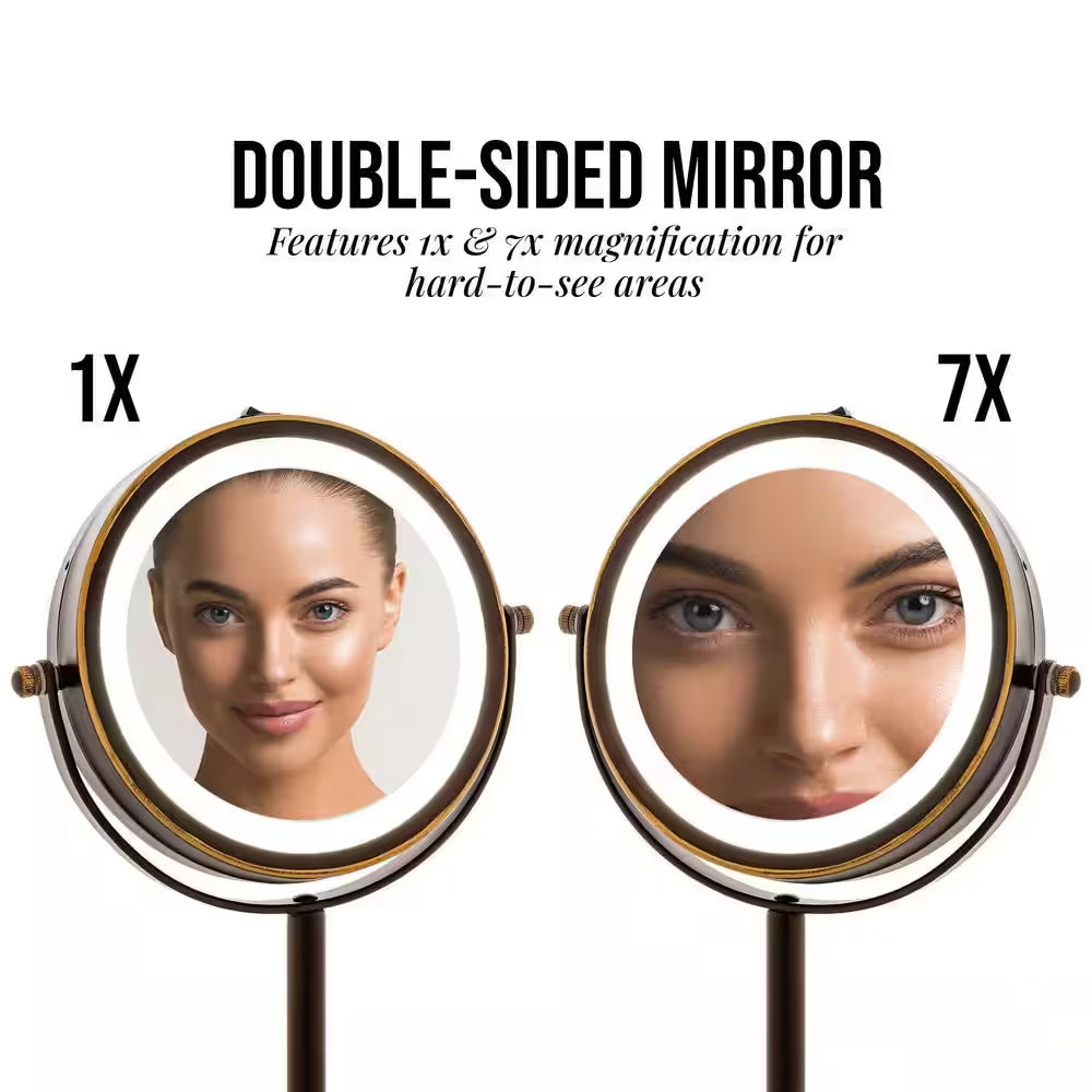 Small Antique Bronze Lighted Tabletop Makeup Mirror (11.6 In. H X 7.1 In. W), 1X-7X Magnification