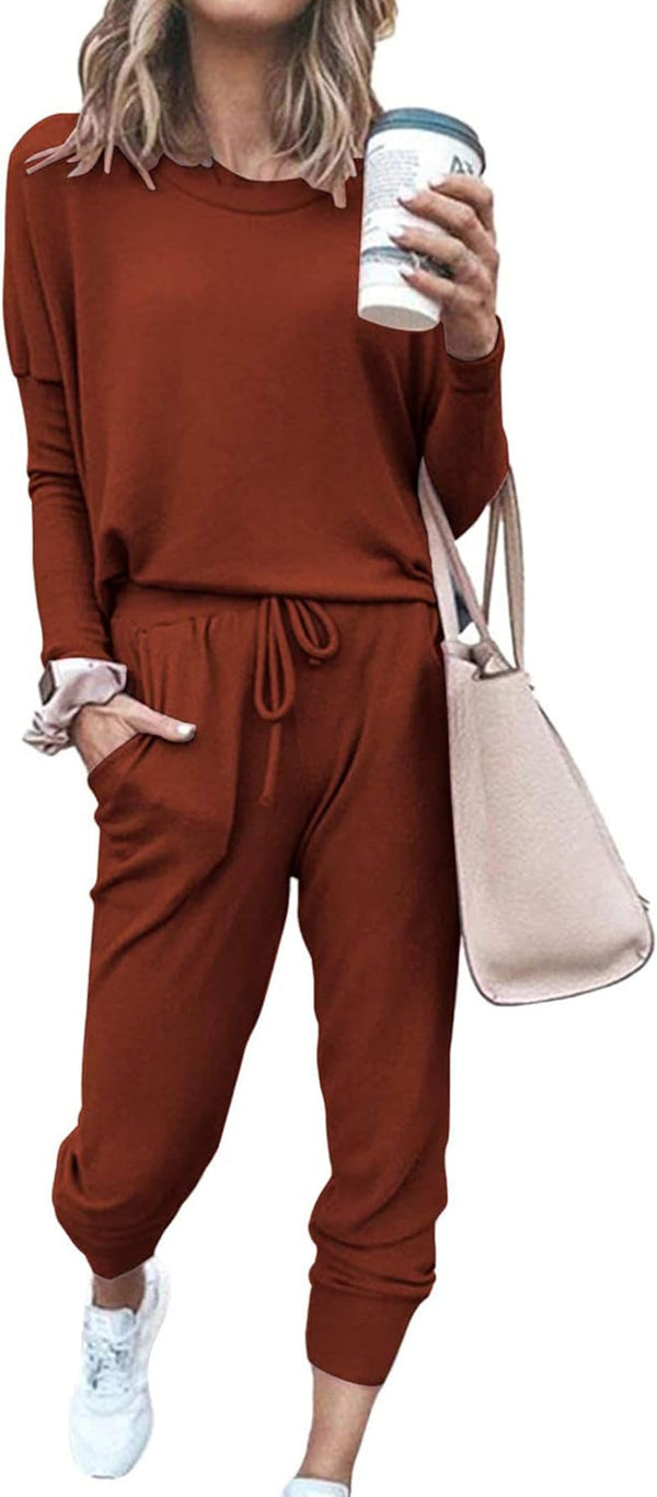 Women'S Fall 2 Piece Lounge Outfit Long Sleeve Crewneck Pullover Tops High Waisted Pants Set Tracksuit