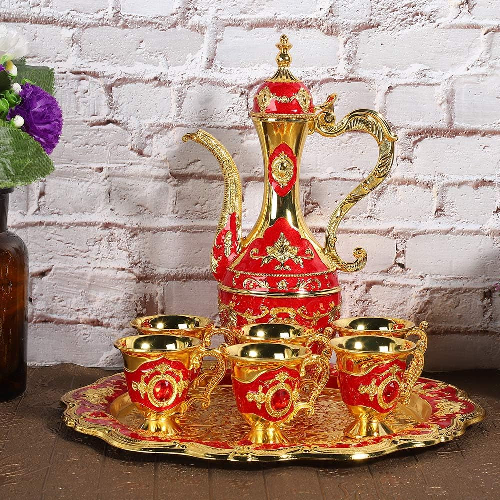 Metal Wine Drinking Cups Hip Flask Set, European Retro Wine Pot Russian Colored Tin Wine with Wine Glass Alloy Six Cup Set Wedding Gift Household Ornaments/431 (Color : Red)