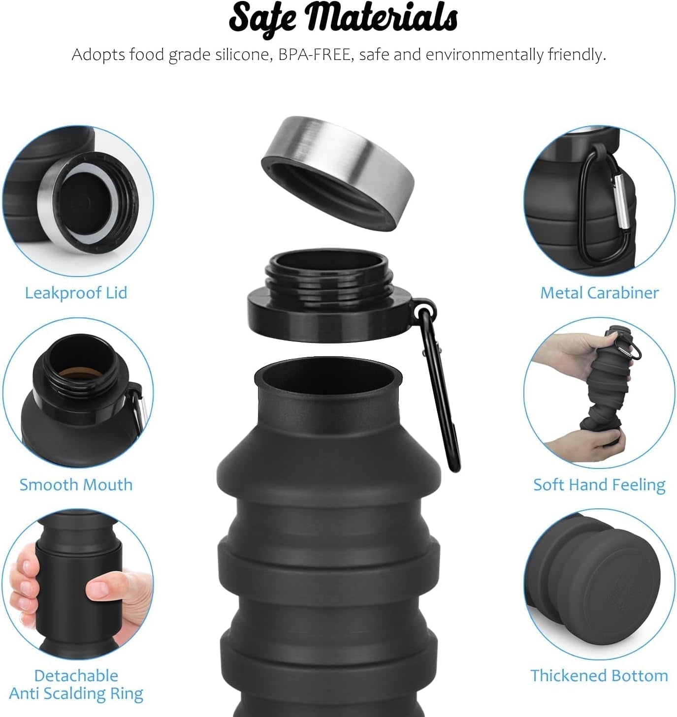 Collapsible Water Bottle, Reuseable BPA Free Silicone Foldable Water Bottles for Travel Gym Camping Hiking, Portable Leak Proof Sports Water Bottle with Carabiner