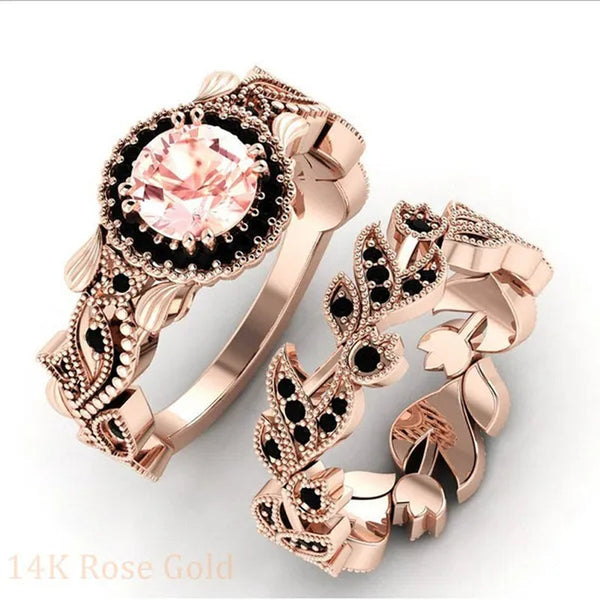 2 Pieces/set of Fashionable and Elegant Flower Vine Ladies Luxury Jewelry  Rose Gold Black Sapphire Diamond Wedding Ring Princess Proposal Anniversary Gift Size 4-11 Bague Femme