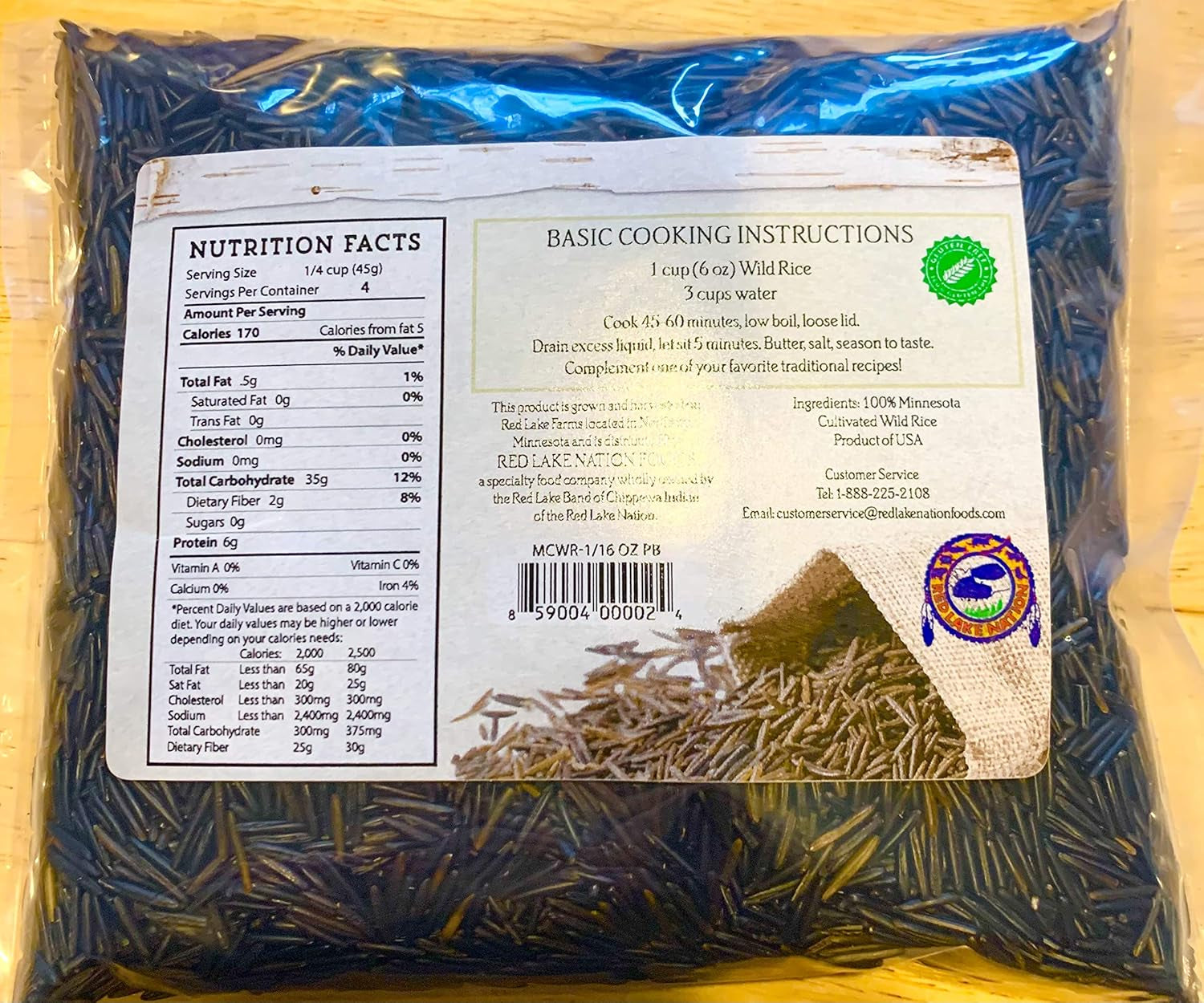 (GLUTEN FREE) Red Lake Nation 100% All Natural Minnesota Cultivated Wild Rice, ONE POUND