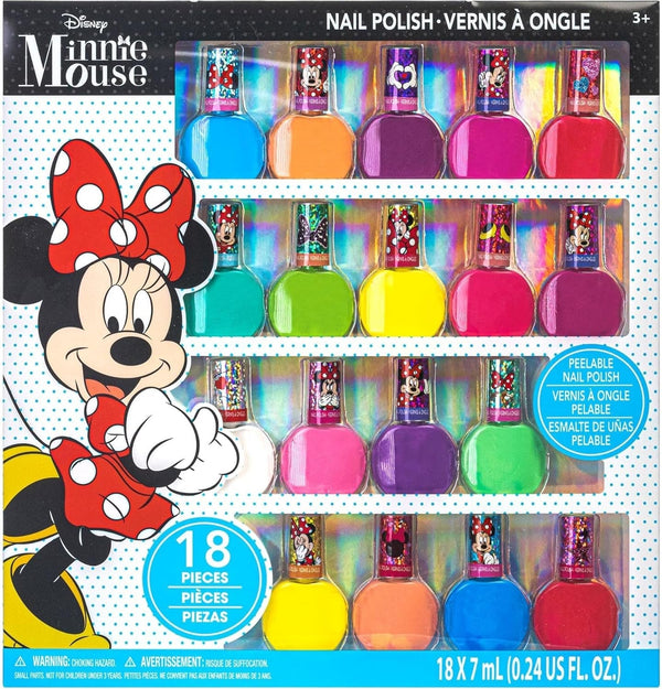 Disney Minnie Mouse Non-Toxic Peel-Off Nail Polish Set for Girls, Glittery and Opaque Colors,18 Pcs|Perfect for Parties Sleepovers Makeovers| Birthday Gift for Girls 3 Yrs+