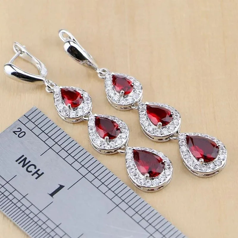 Water Drop 925 Sterling Silver Jewelry Red Ruby White Topaz Jewelry Sets Women Earrings/Pendant/Necklace/Rings/Bracelet