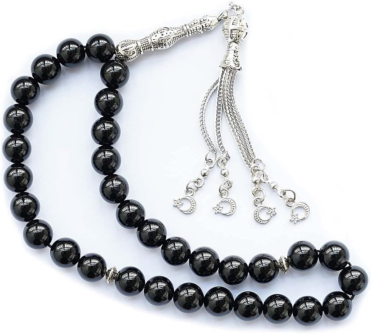 10Mm Tasbih Prayer Beads Natural Black Agate Stone Islamic Misbaha Prayer Rosary Beads Muslim Islam Misbaha Bracelet Moon Tasbeeh Sibha 33 Prayer Beads Hand Bracelets