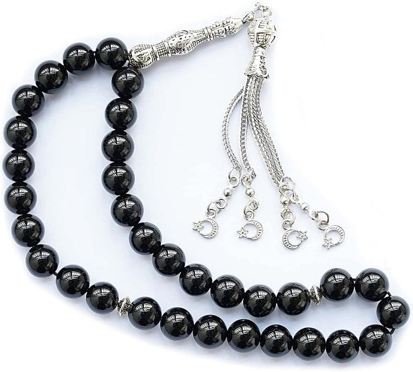 10Mm Tasbih Prayer Beads Natural Black Agate Stone Islamic Misbaha Prayer Rosary Beads Muslim Islam Misbaha Bracelet Moon Tasbeeh Sibha 33 Prayer Beads Hand Bracelets
