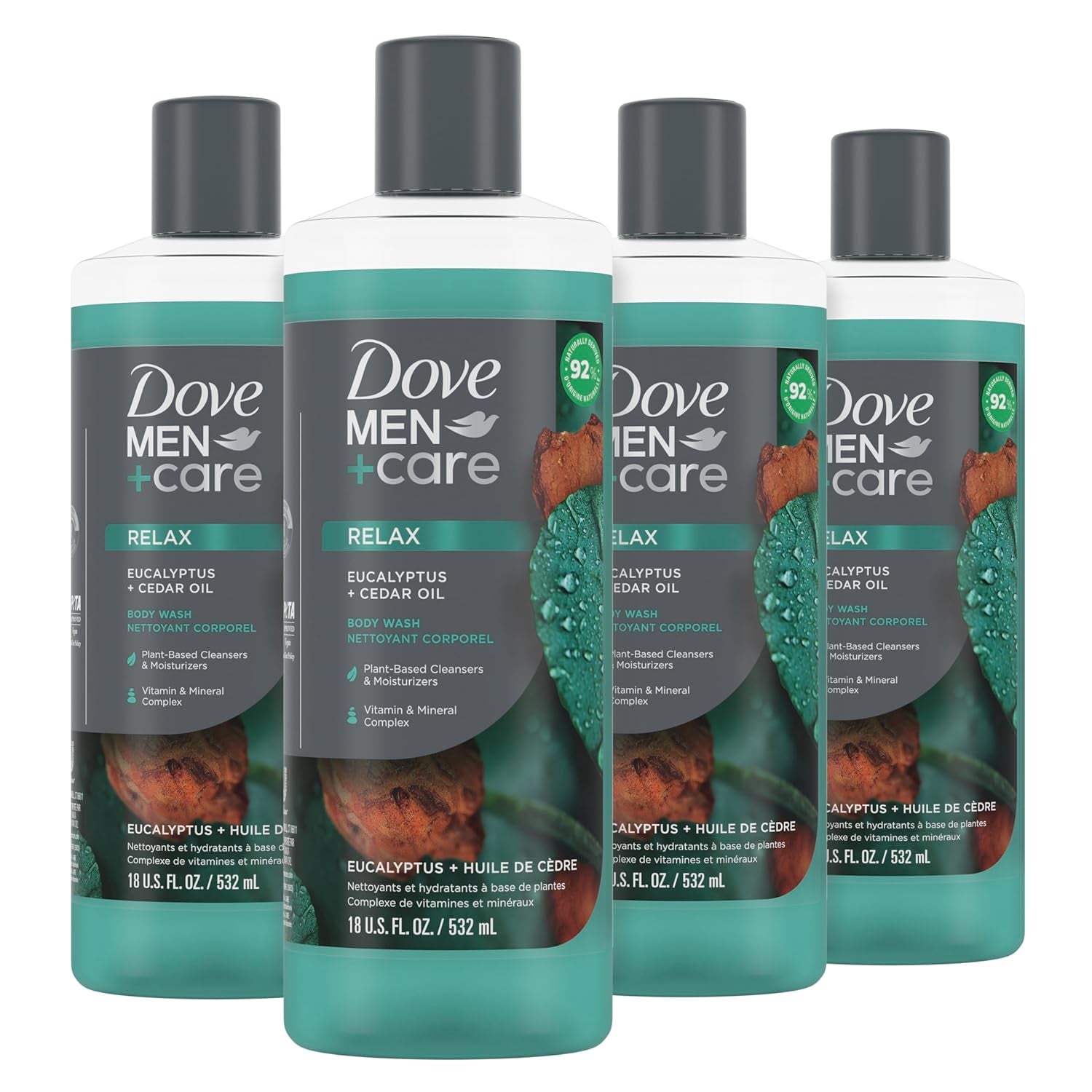 Dove Men+Care Body Wash Eucalyptus + Cedar Oil 4 Count to Rebuild Skin in the Shower with Plant-Based Cleansers and Moisturizers 18 Oz