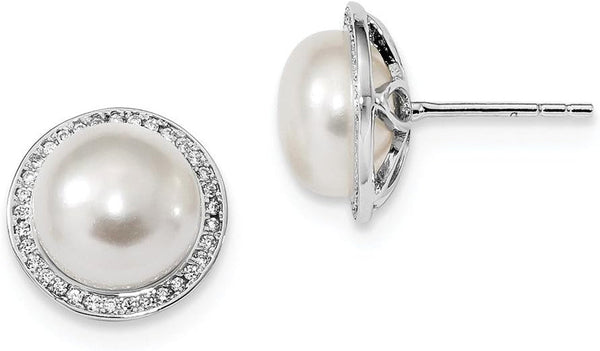 Solid 925 Sterling Silver RH 10-11Mm Button FWC Simulated Pearl CZ Cubic Zirconia Post Earrings