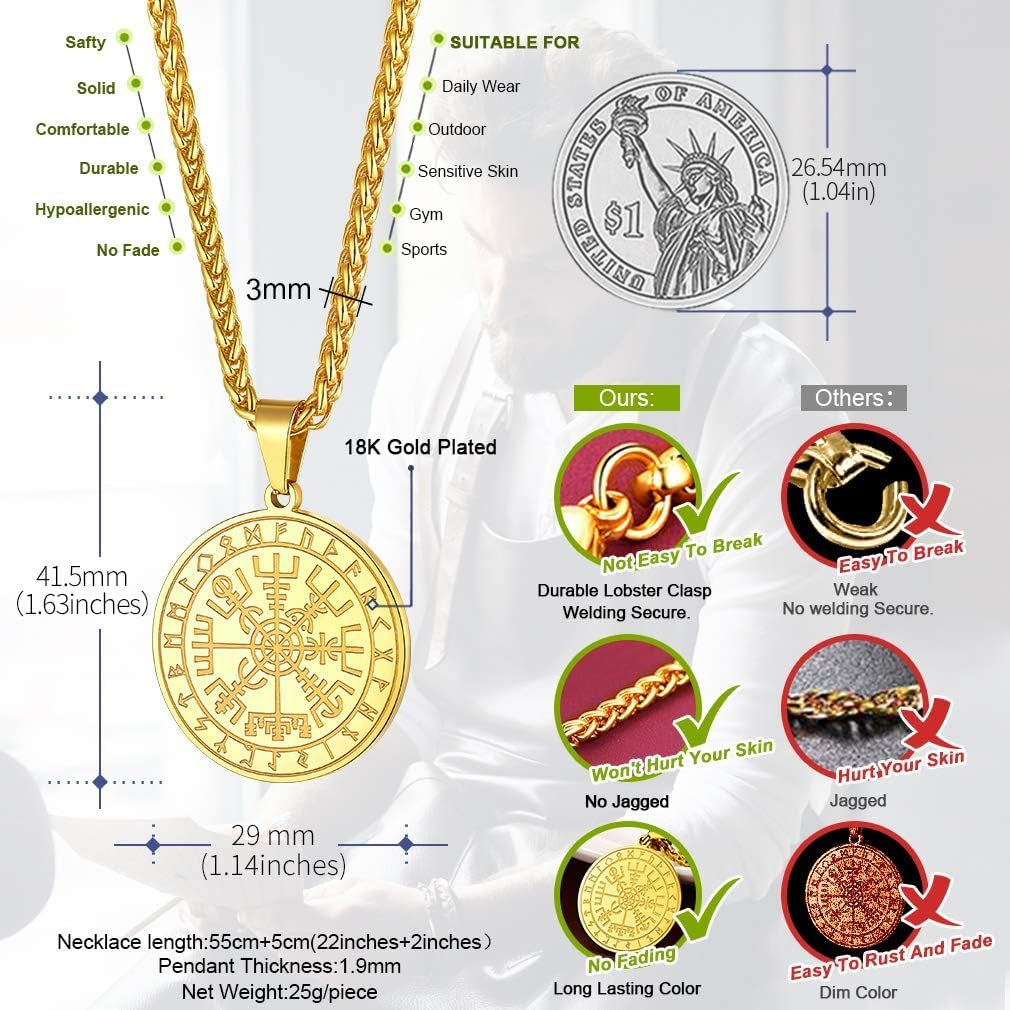 Viking Medal Necklace for Men Sturdy Stainless Steel Pendant Necklaces Retro Norse Mythology Jewelry with Gift Box