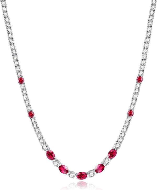 Sterling Silver Tennis Necklace 4Mm 18 Inch Birthstone Necklace with 6 * 8Mm Oval Gemstone Luxury Fine Birthday Jewelry Gifts for Women