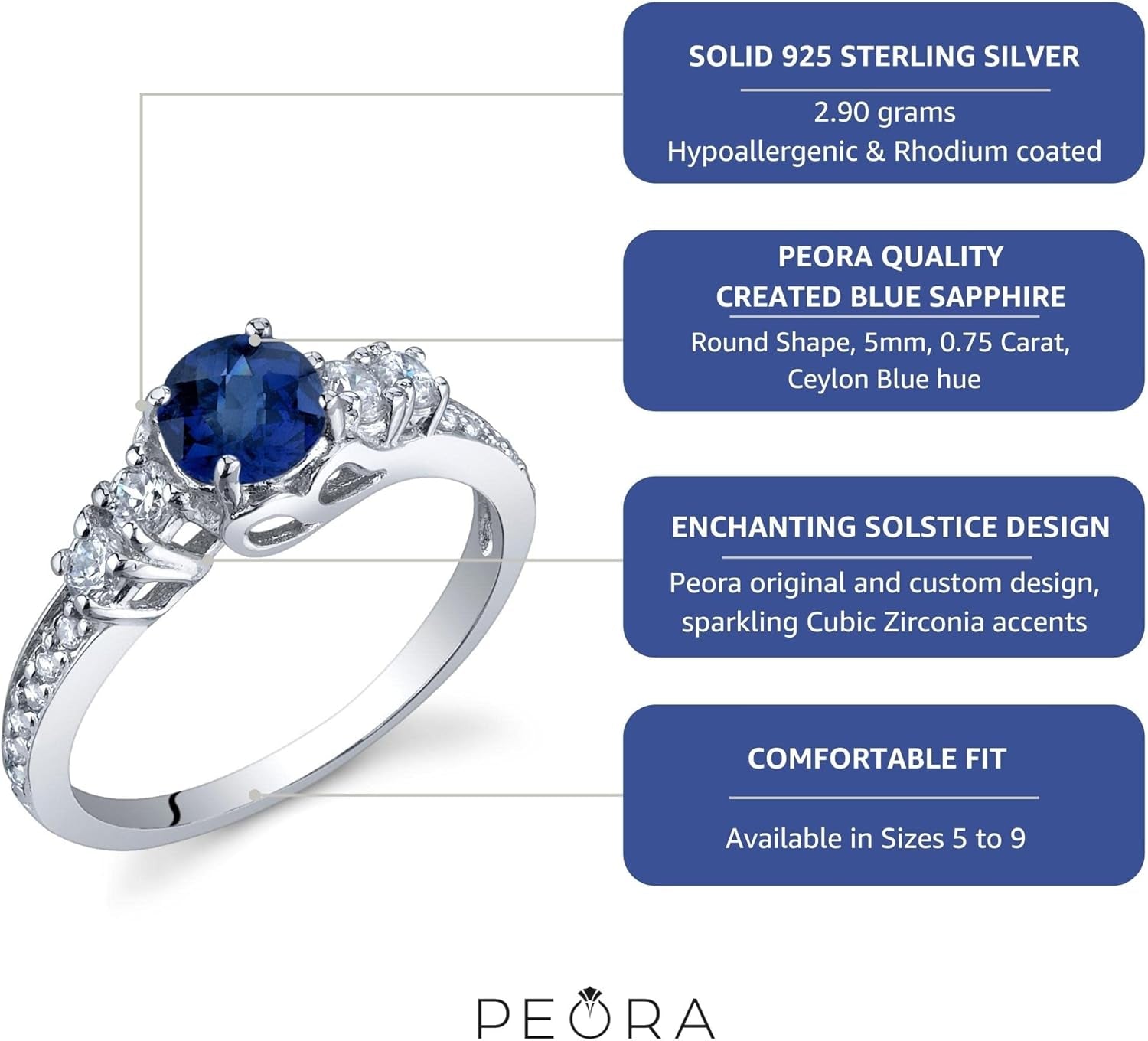 Created Blue Sapphire Women Ring 925 Sterling Silver, Enchanting Solstice Design, 0.75 Carat round 5Mm Sizes 5 to 9