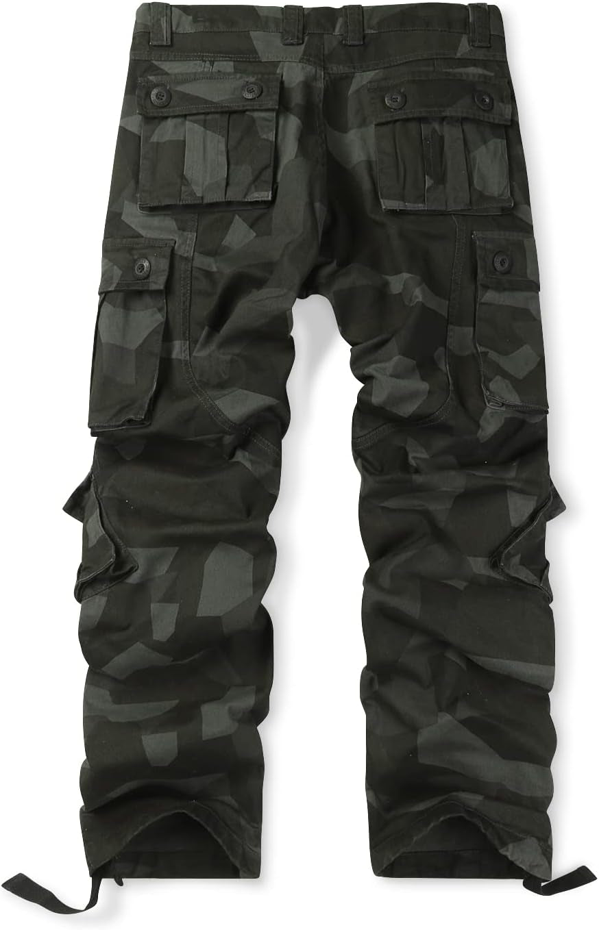 Men'S Cotton Casual Cargo Work Pants Baggy Camo Tactical Combat Trousers with 8 Pockets (No Belt)