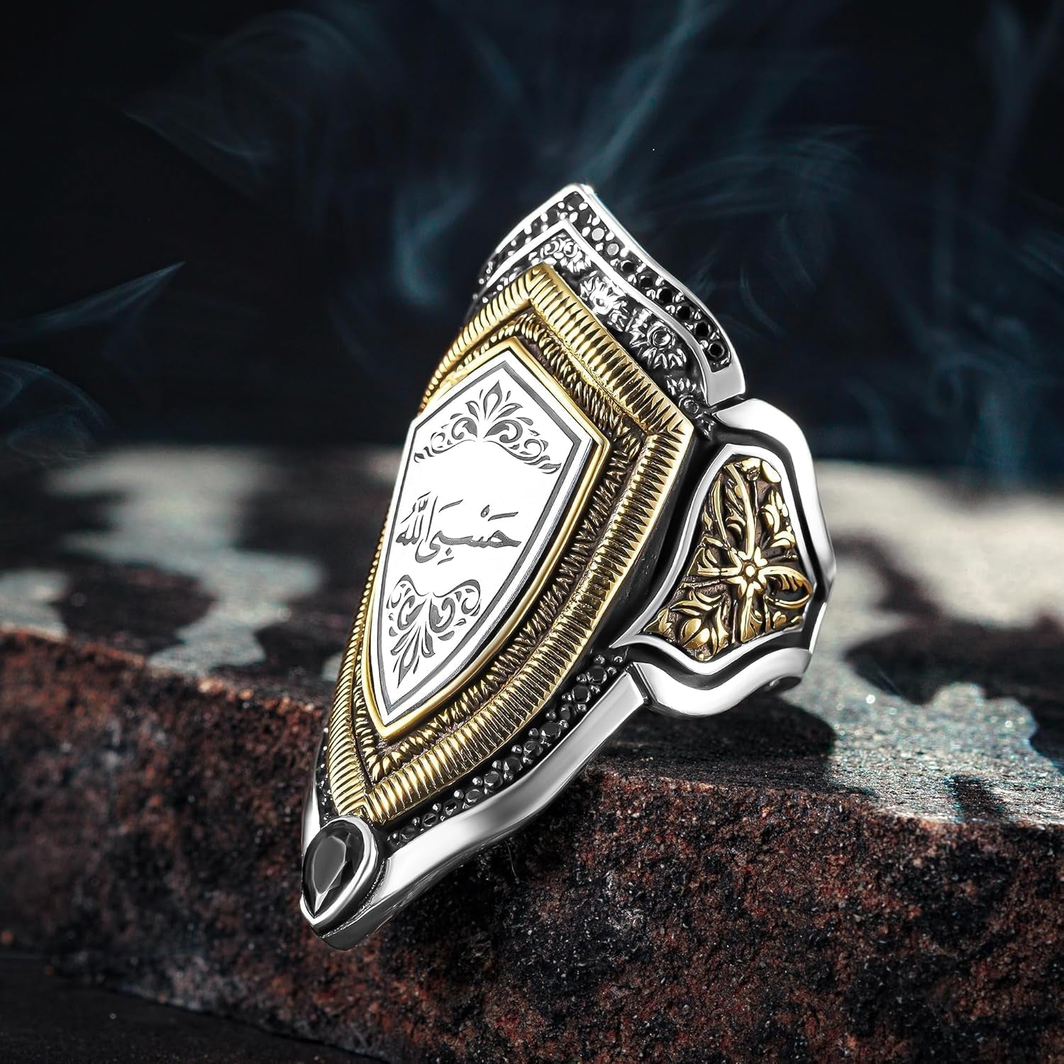 925 Sterling Silver Adjustable Hasbi Allah (Allah Is Sufficient for Me) Islamic Men'S Ring, with Cubic Zirconia Handmade Turkish Style Ring, Religious Muslim Jewelry Gift for Men