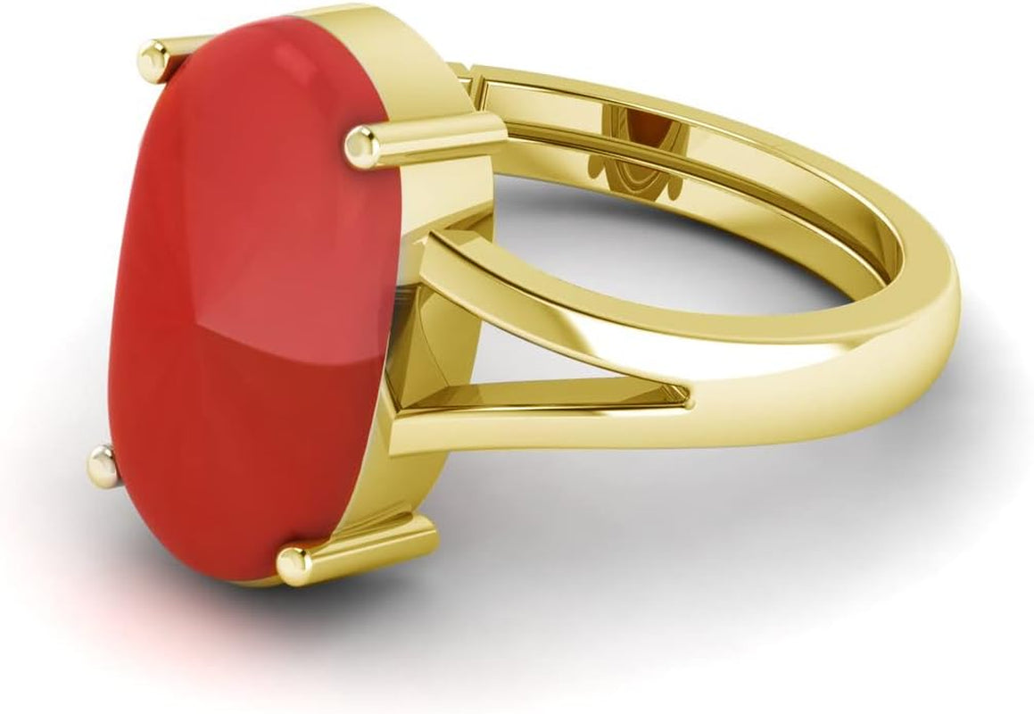 Natural Red Coral Moonga Certified Jewelry Gifts Ring 8.20 Carat Astrological Birthstone 22K Gold Plated Adjustable Ring for Men or Women