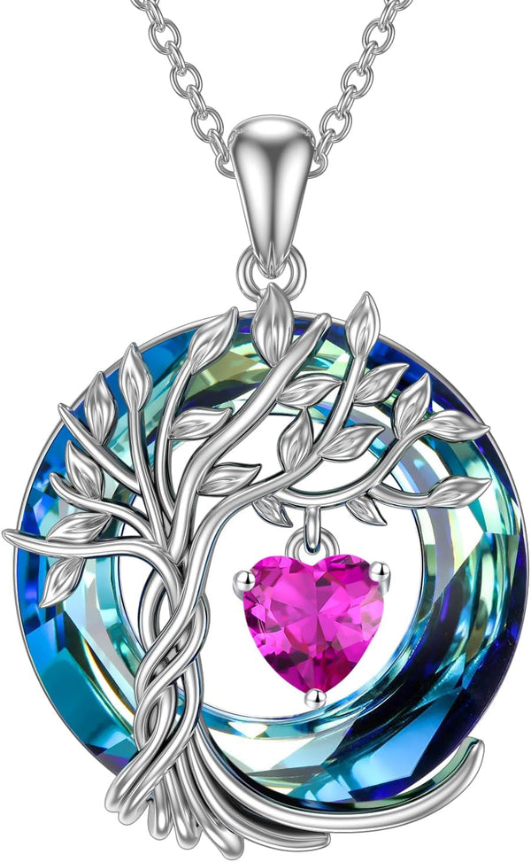 Tree of Life Birthstone Necklaces for Women White Gold Plated 925 Sterling Silver Irish Celtic Tree Jewelry Austrian Crystal Necklace Birthday Gifts