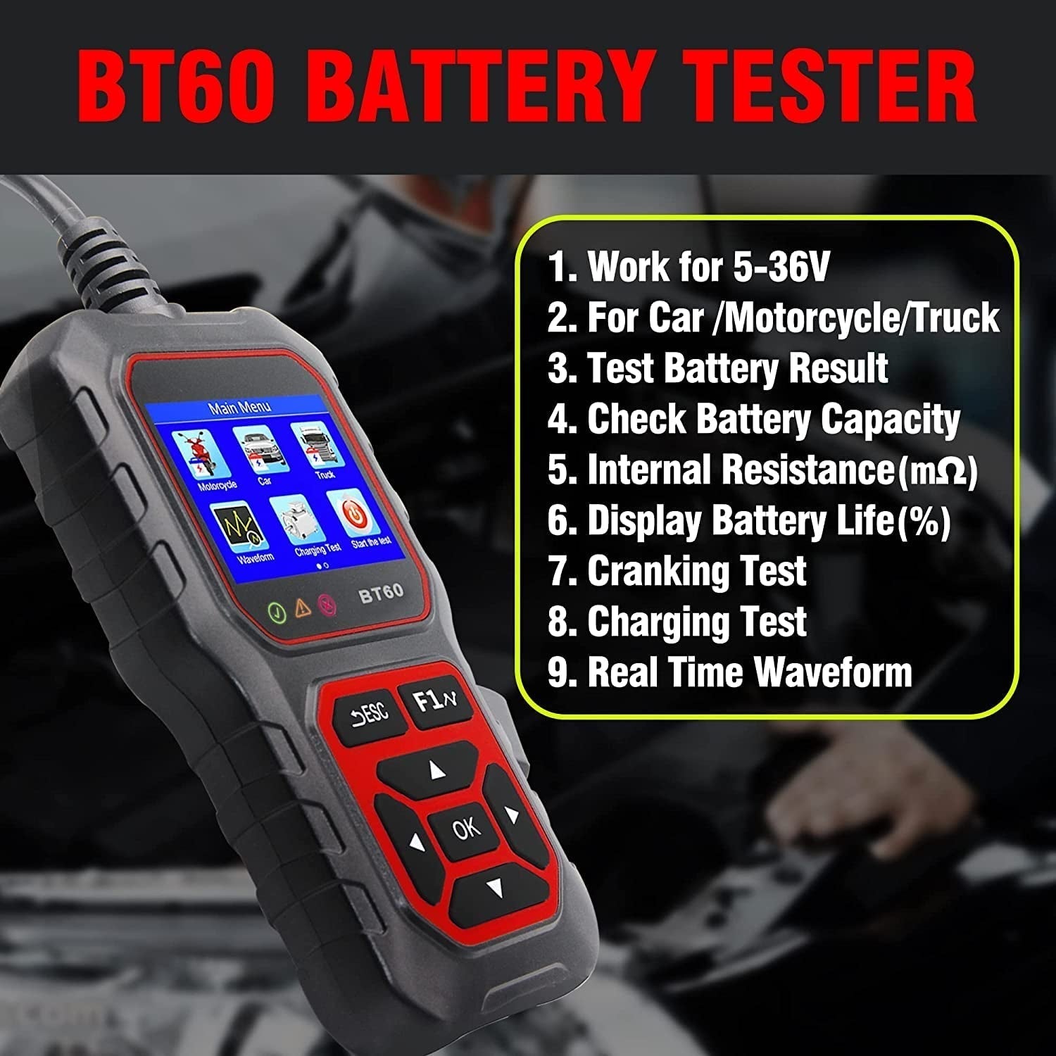 Car Battery Tester 5-36V Battery Load Tester Alternator Cranking Charging System Checker Digital Battery Analyzer 2.4 Inch HD TFT Colour Screen for Heavy Duty Truck Boat Marine Motorcycle