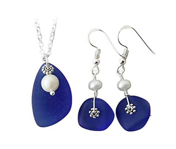 September Birthstone, Cobalt Blue Sea Glass Necklace+Earrings Set, Natural Pearl, Sea Glass Earrings, (Hawaii Gift Wrapped, Customizable Gift Message)