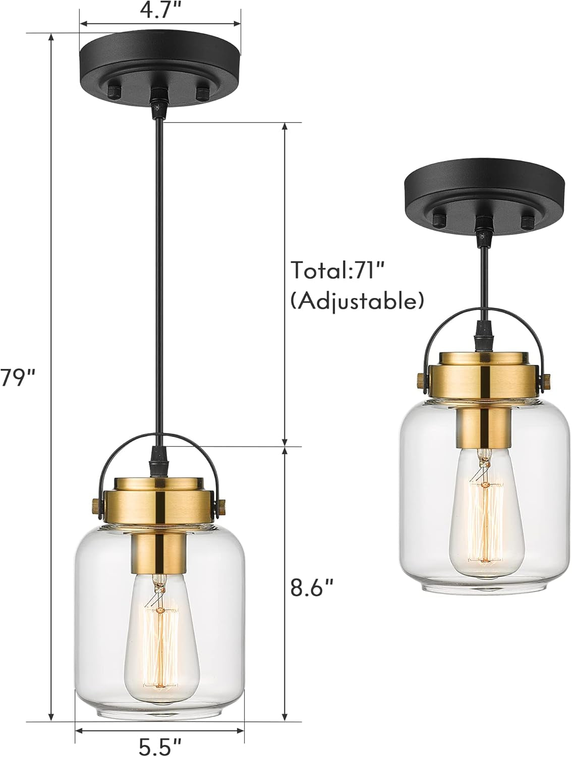 HWH Pendant Lights 2 Pack, Modern Glass Hanging Light Fixtures for Kitchen Island, Industrial Island Light for Dining Room, Bedroom, Schoolhouse, Black and Gold Finish, 5HZG61M1L-2 BK+BG