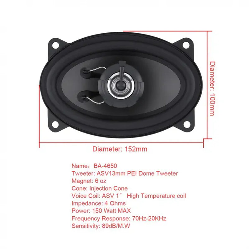2Pcs 4 X 6 Inch Car Coaxial Speaker Hifi Audio Full Range Frequency Loudspeaker 2 Way 150W