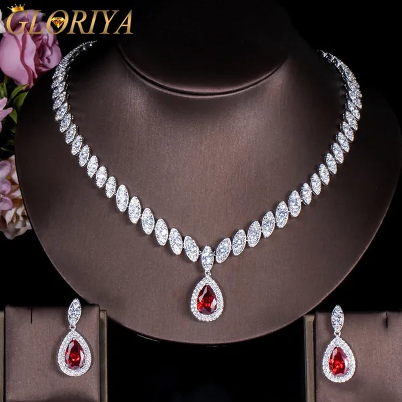Gloriya Gorgeous Platinum Plated Party Jewelry Paved Indian Red Cubic Zirconia Crystal Big Tear Drop Necklace Earrings Set for Female Evening