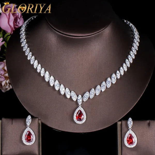 Gloriya Gorgeous Platinum Plated Party Jewelry Paved Indian Red Cubic Zirconia Crystal Big Tear Drop Necklace Earrings Set for Female Evening
