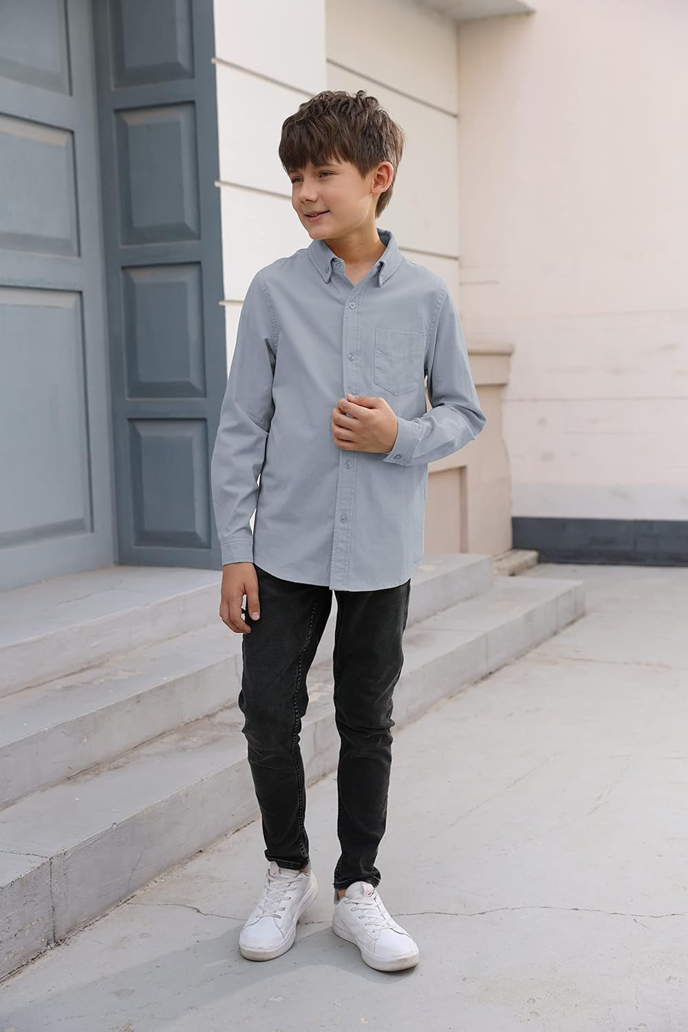 Boys' Long Sleeve Dress Shirts Classic Collared Button-Down Tshirt Solid Cotton Top with Chest Pocket
