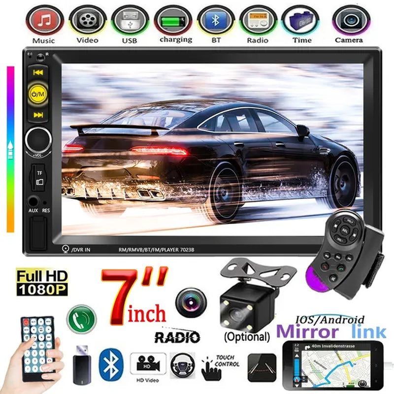 7" Bluetooth HD Touch Screen Car Stereo Radio 2DIN Car MP5 Player FM/USB/AUX/SD Function with Steering Wheel Control +Cam(Optional)