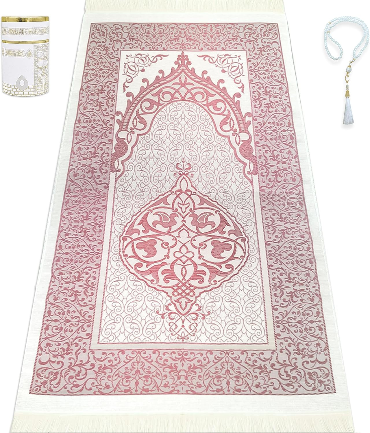 Muslim Prayer Rug Islam and Beads, Kaabe Design Box Eid Ramadan Gifts Islamic Set Carnal Salah Mat Taffeta Fabric Black Soft Prayer Mats Men and Women (Pink)