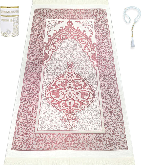 Muslim Prayer Rug Islam and Beads, Kaabe Design Box Eid Ramadan Gifts Islamic Set Carnal Salah Mat Taffeta Fabric Black Soft Prayer Mats Men and Women (Pink)