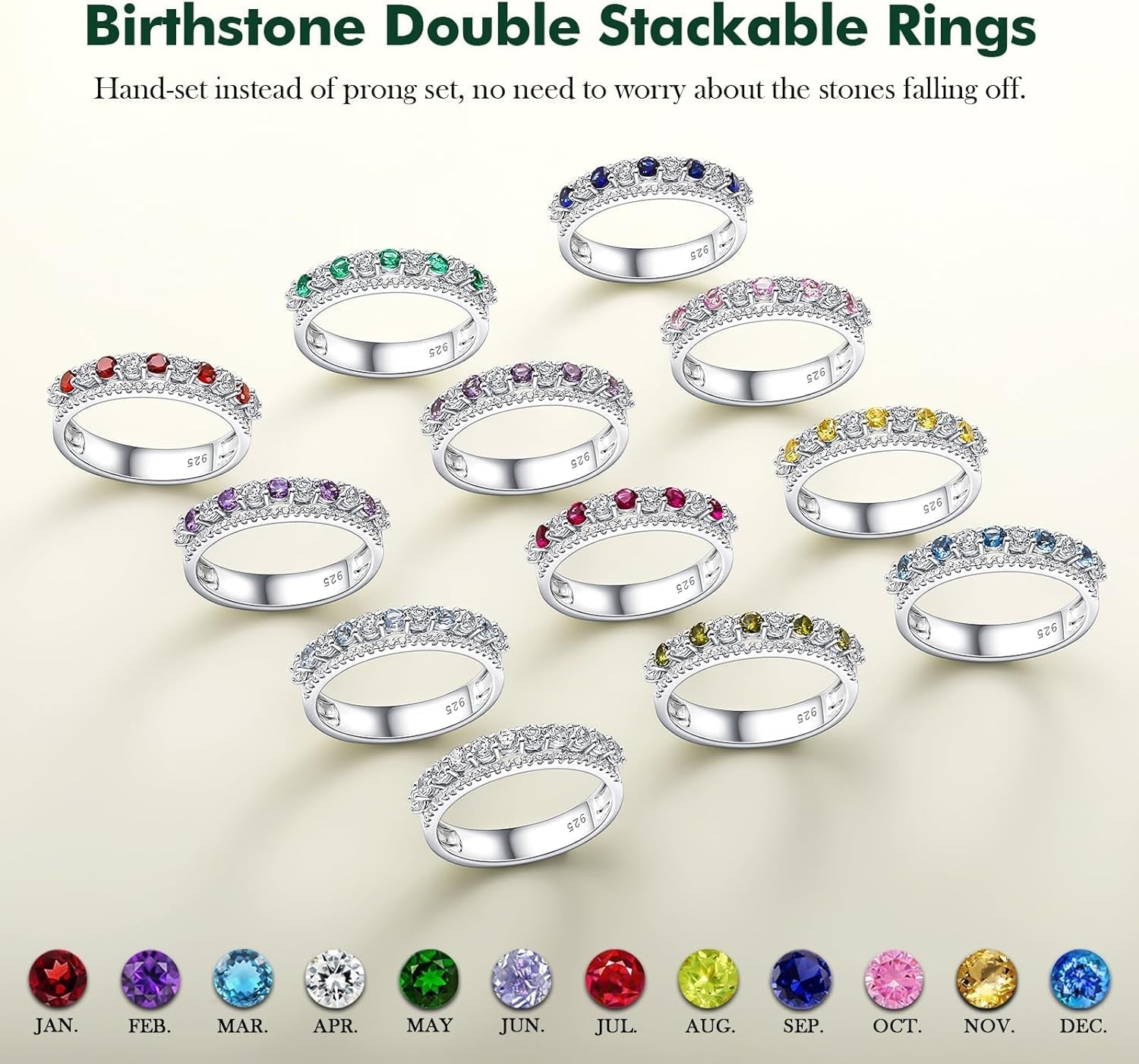Women'S Half Eternity Band 5Mm Thick Double Band Ring Sterling Silver Gemstone Diamond Anniversary Ring Stackable Birthstone Rings Size 6-10 (With Gift Box)